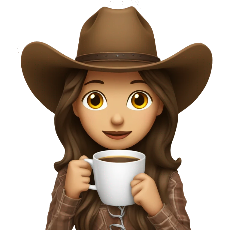 Cozy cowgirl wearing a cowboy hat sipping coffee. Brunette hair emoji