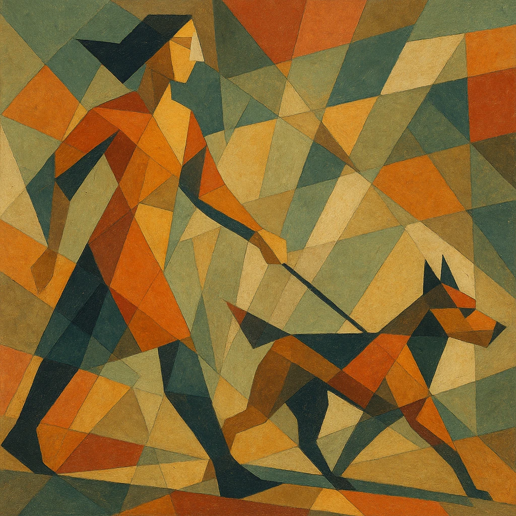 Woman walking a dog, both stylized in faceted motion lines. emoji