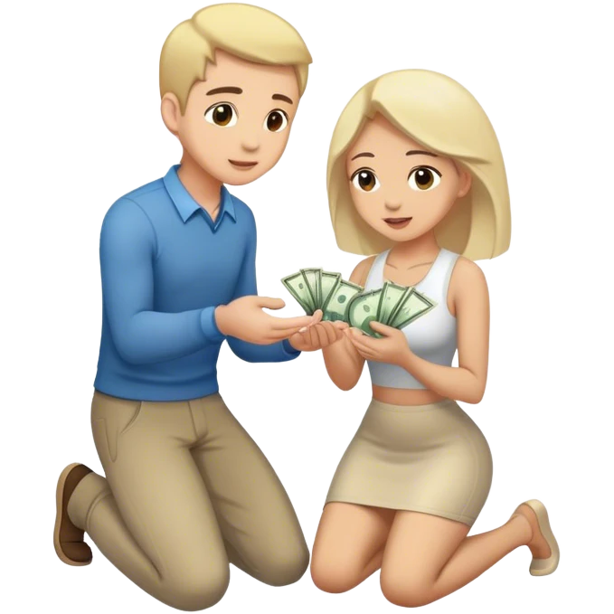 Man on knees woman standing handing her money emoji