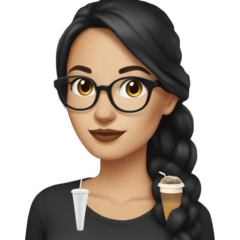 White girl with long black hair in a low ponytail, cat eye brown glasses in a black shirt drinking iced coffee emoji