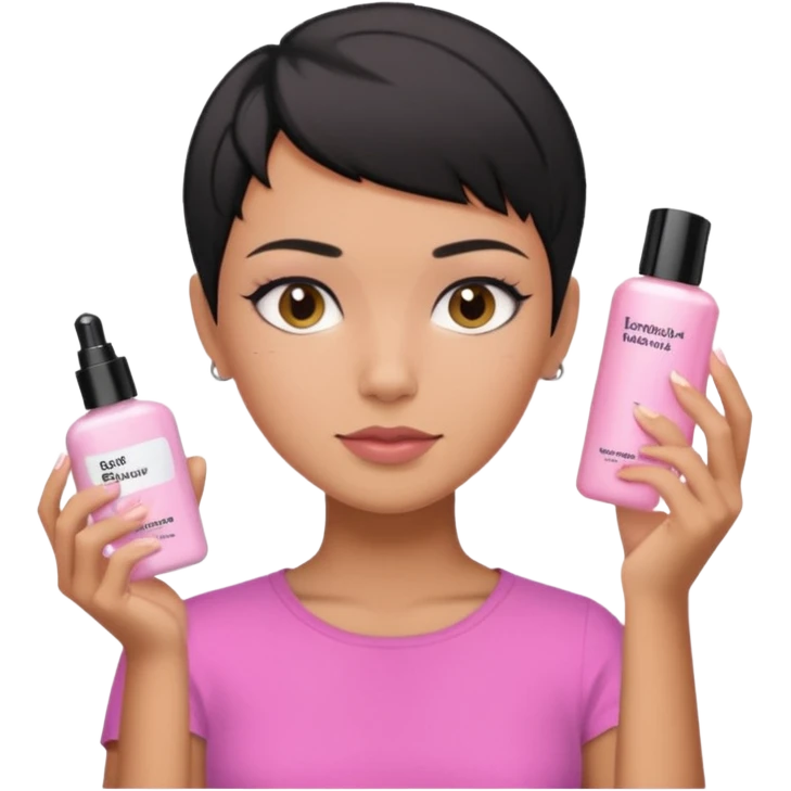 tan girl pink shirt with black hair & a pixie, doing her skin care emoji