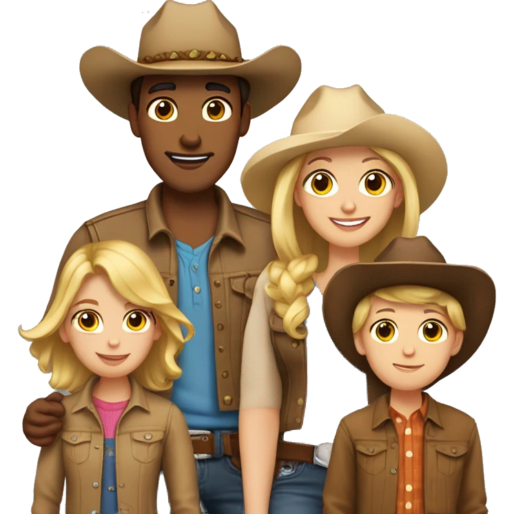 Family of five, all with cowgirl hats on, 2 blonde teenagers, 1 light brown haired mom, 1 little boy with brown hair and a brown hair dad emoji