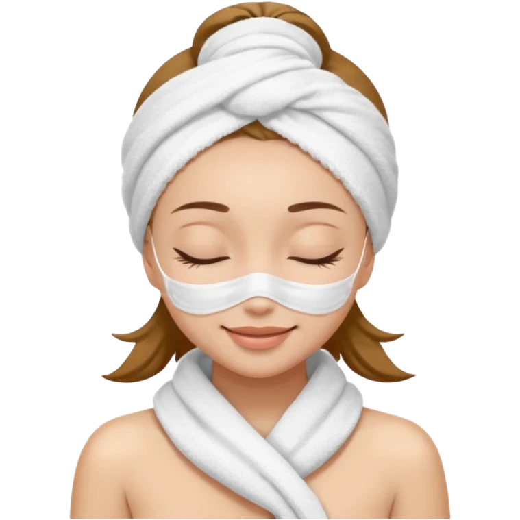 cute girl with her eyes closed and smiling, wearing a white spa towel as her clothes in she has a white spa towel on her head, white face skincare mask whole face emoji