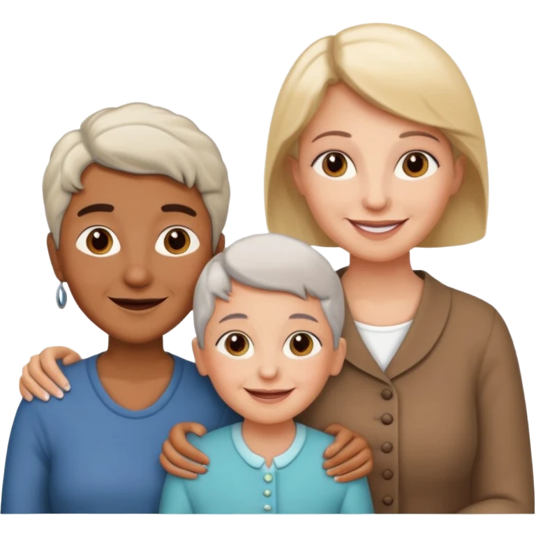 two kids (1 brown boy and 1 white girl) with their mother and grand mother smiling emoji