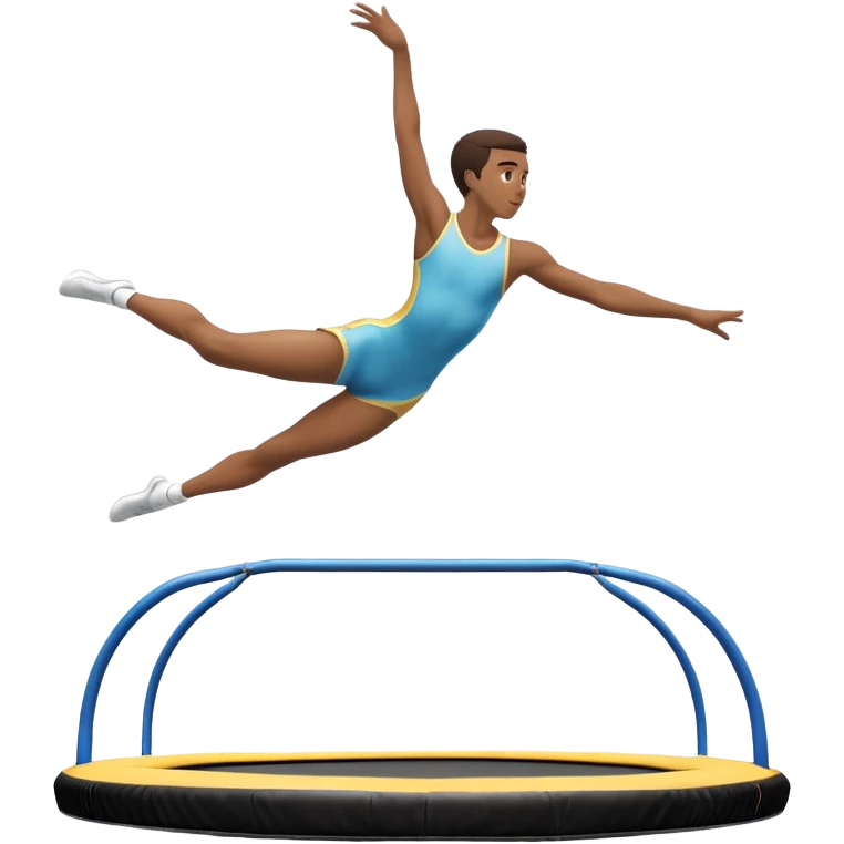 An athletic person soaring high above a trampoline, executing an acrobatic flip with perfect form. The scene captures motion and energy, with a dynamic pose, stretched limbs, and a focused expression. The background suggests a professional trampoline arena with safety padding. emoji
