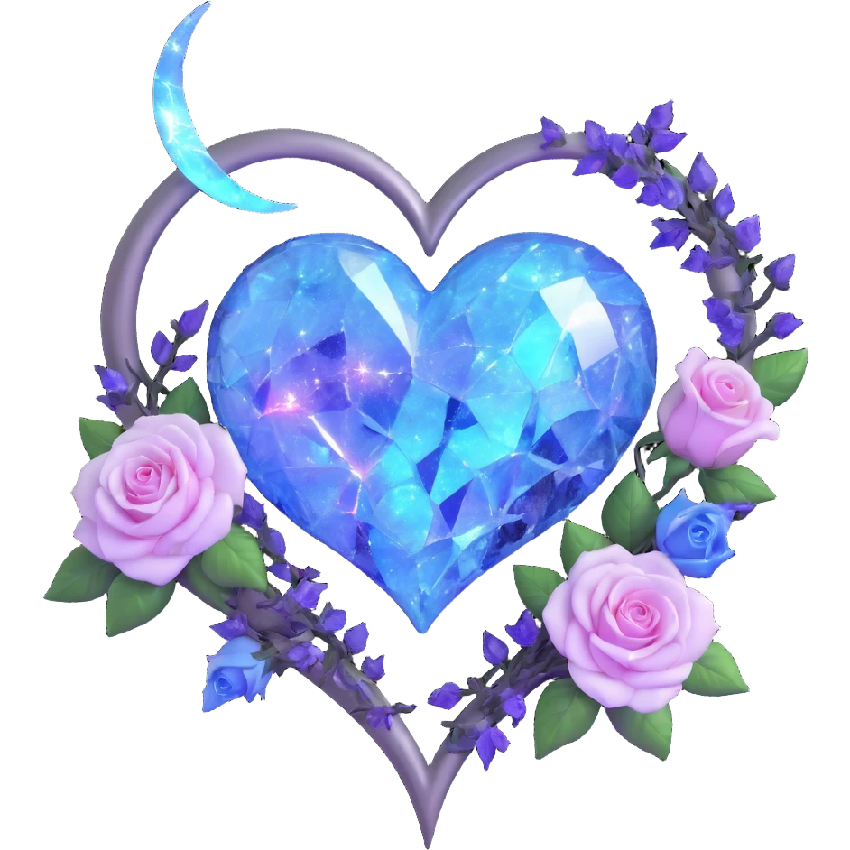 gothic heart made of pearl white glass, silver crescent moon, lavender roses, holographic stardust, neon blue lightning, drenched and splintered glass emoji