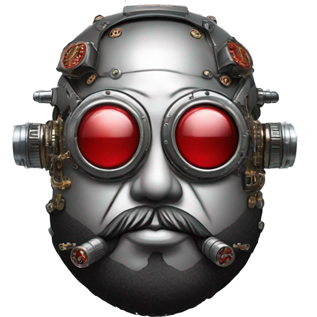 Fat cyborg head with red silver steampunk goggles, black beard and circuits emoji
