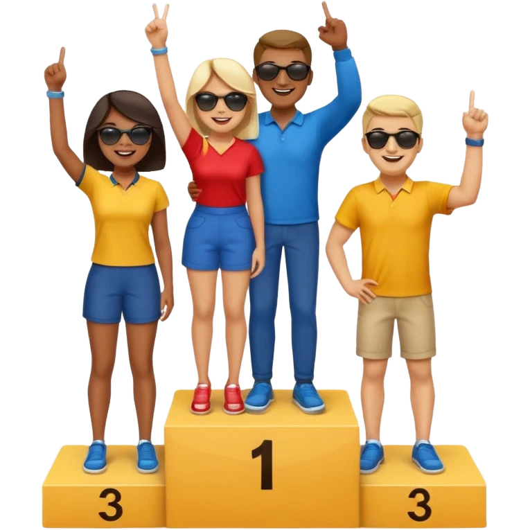 three casually dressed multi-racial people on a winners podium with the center step higher, no numbers, center person holds up one finger on each hand, cheerful fun expressive emoji style emoji