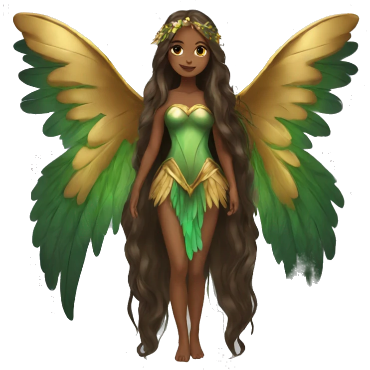 big wings, Beautiful, fairy, gold, brown, dark green, green, long hair emoji