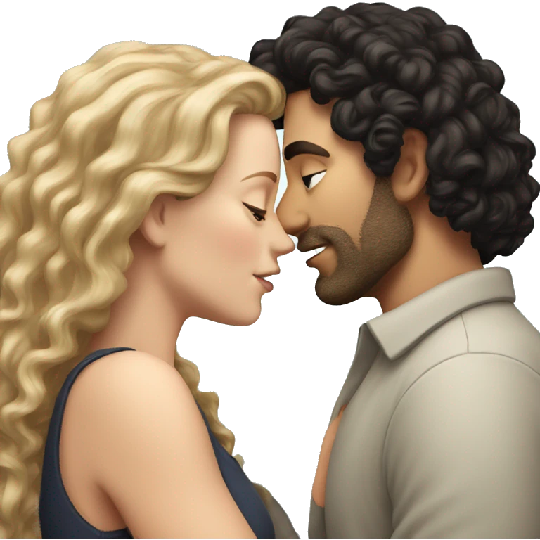 White Man with dark hair kissing white woman with long dark curly hair emoji