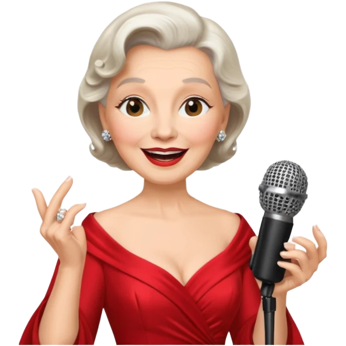 Older woman – elegant gown, 50s, diva, red dress, singing into mic emoji