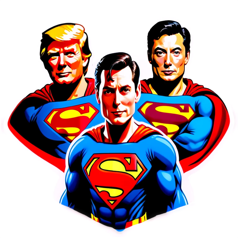 Donal trump as Superman with a with Elon musk as robin emoji