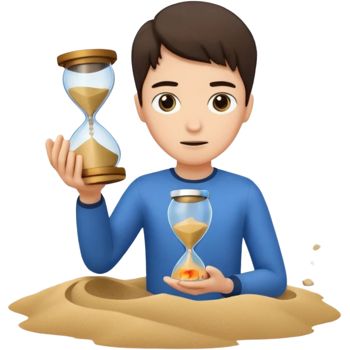 Character holding a broken hourglass, sand frozen mid-air emoji