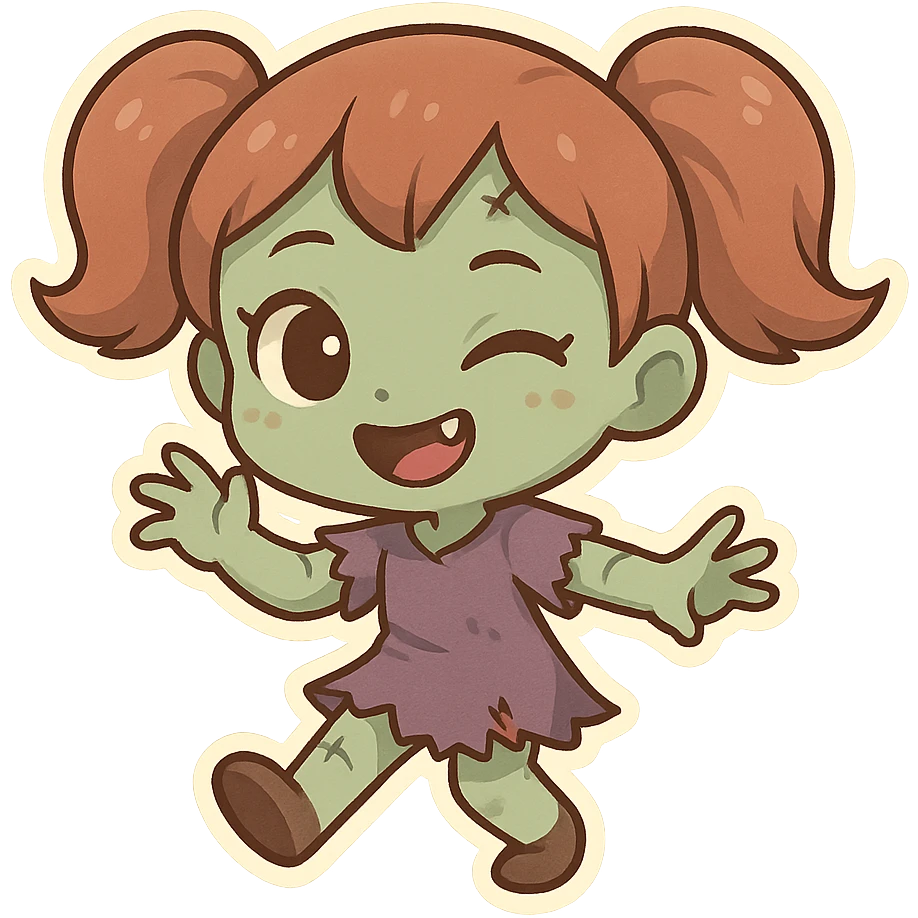 girl zombie with pigtails, greenish skin, playful style emoji