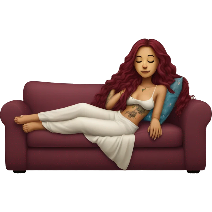 Beautiful tattooed burgundy long haired woman napping on sofa emoji