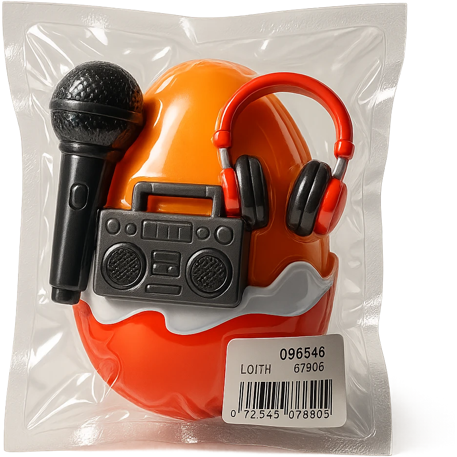 Kinder Surprise egg opened showing toys: microphone, boombox, headphones, shiny and inflated vacuum-sealed style emoji