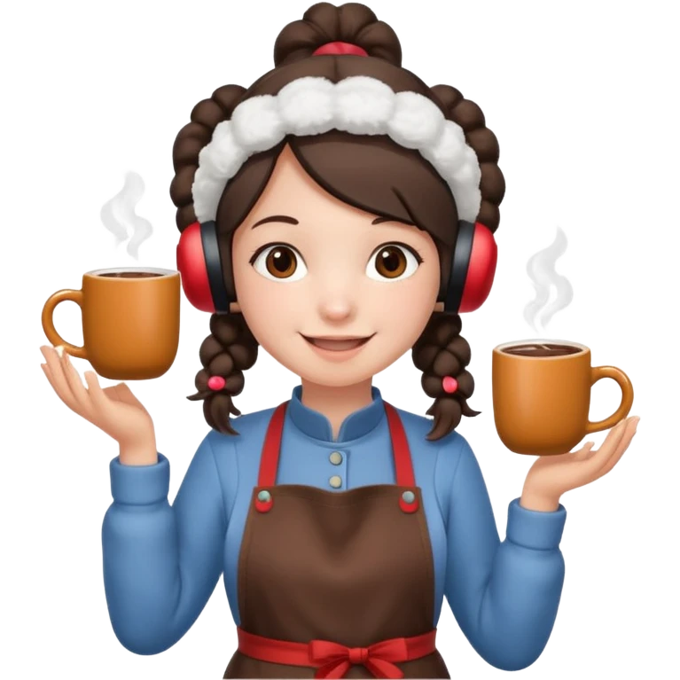 A cozy pig tail hair vendor with fluffy earmuffs, wearing apron handing out steaming cocoa with a warm smile. emoji