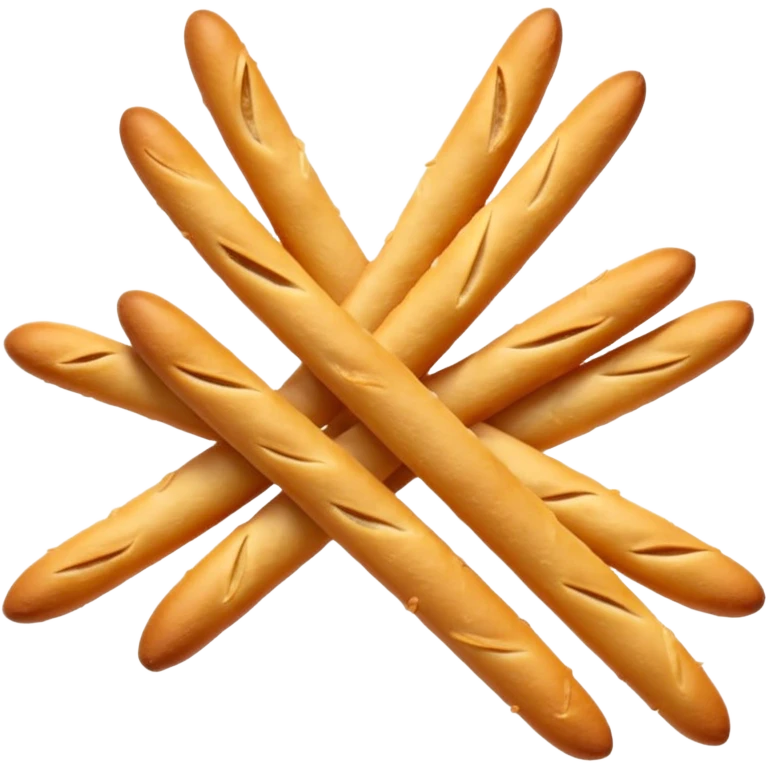 loose cluster of thin crunchy breadsticks with golden-brown slightly blistered surface and subtle curves, straight or slightly uneven sticks, crisp dry textures, rustic baked look, no packaging, no dip, no extras, soft lighting, subtle shadows, emoji scale emoji