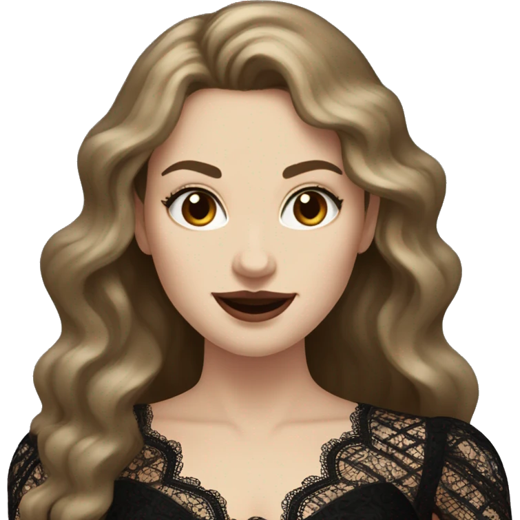 White Woman, Sharp Vampire Teeth, Long Wavy Brown Hair, wearing a black lace dress  emoji