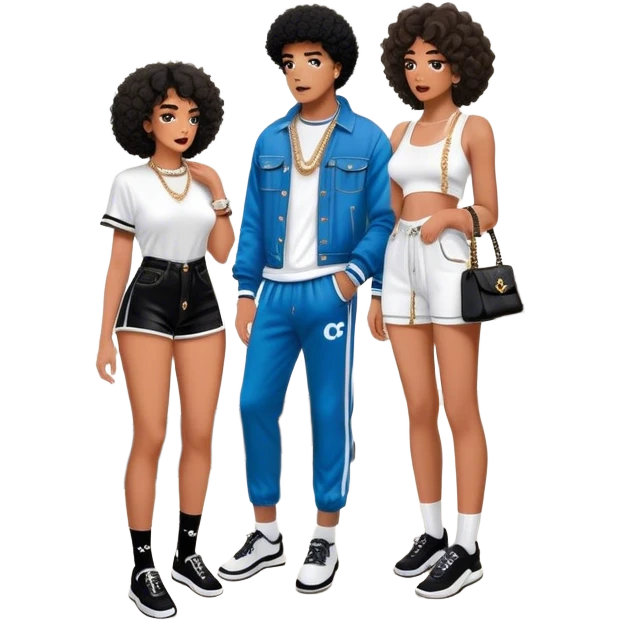Man with loose curly tapered fro living his dream standing in the master bedroom of a mansion. He’s boo’d up with a pretty Brownskin big booty woman wearing a Chanel outfit with her holding a Chanel bag. The man has on a Fear of God Essentials outfit wearing designer socks. The man isn’t holding a bag emoji