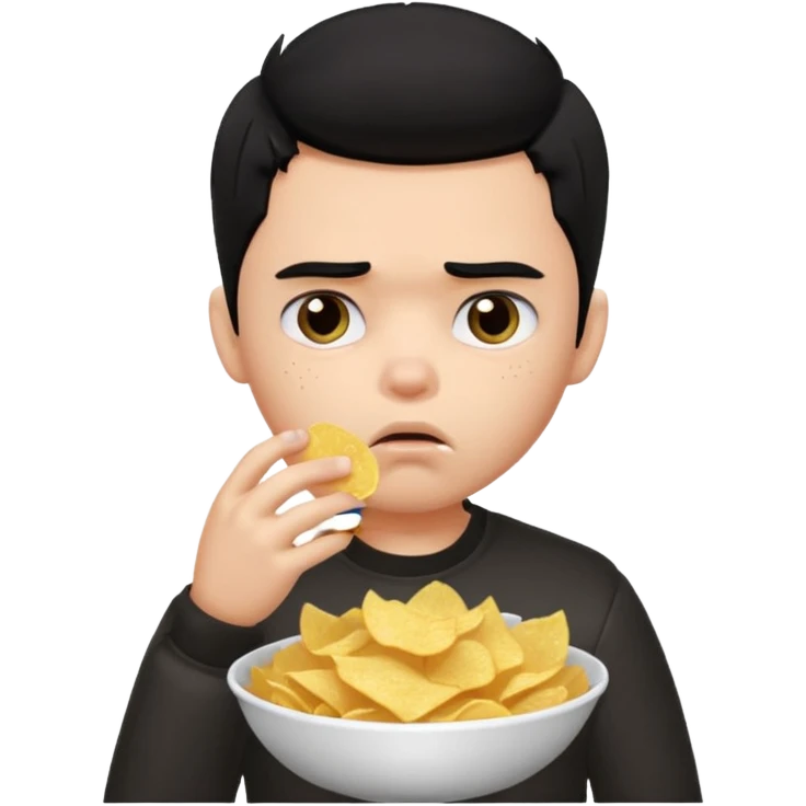 a PRETTY BRATZ boy with black hair, stuffing his face with chips and looking sad emoji