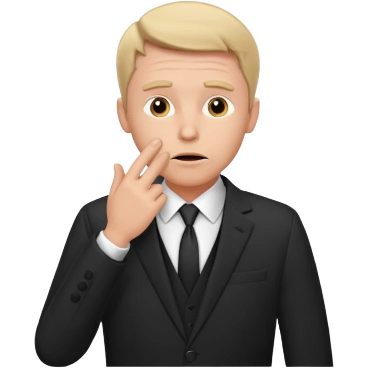 white man in formal suit thinking, hand on mouth, shrugging emoji