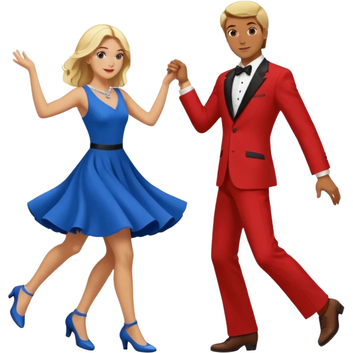 Two people. Man wearing all  RED with brown hair. Women  ALL blue with blond hair. Swing Dancing.  emoji
