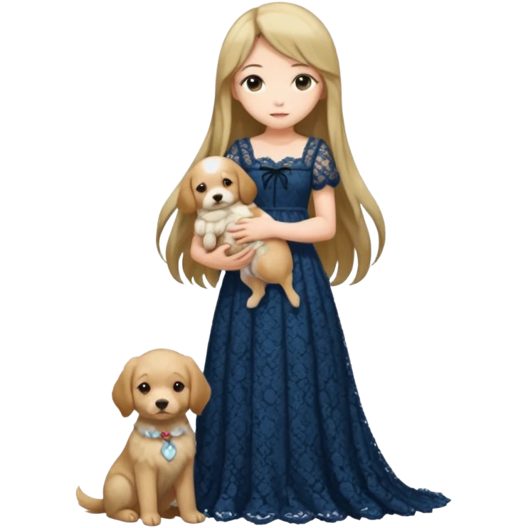 Pastel anime lady long hair with long lace dress full body holding puppy emoji