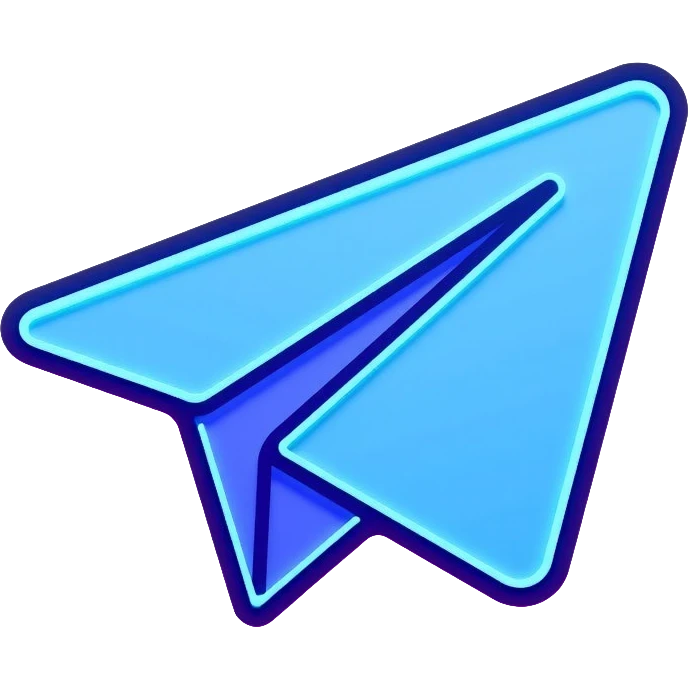 Telegram paper airplane logo in classic blue color, with neon glow lines, blue neon glow on top left, purple neon glow on bottom right emoji