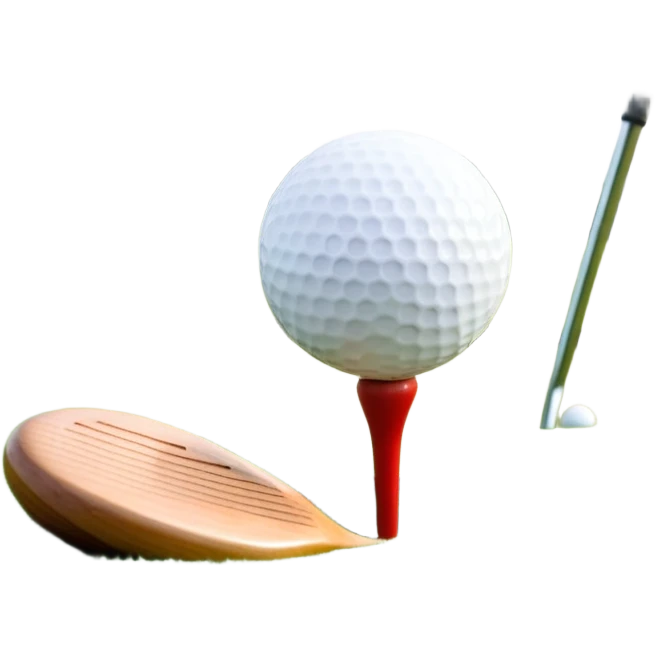 A golf ball on a tee with a golf club placed beside it, set against the backdrop of a well-manicured green golf course. The scene emphasizes the equipment and serene atmosphere of the sport, with soft lighting and a peaceful, open landscape emoji