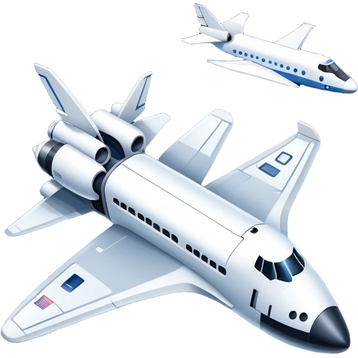 An icon featuring a space shuttle and an airplane against a starry sky, symbolizing aerospace technology. The design includes rocket boosters and satellite orbits, representing the exploration of space and advanced aviation. Transparent background emoji