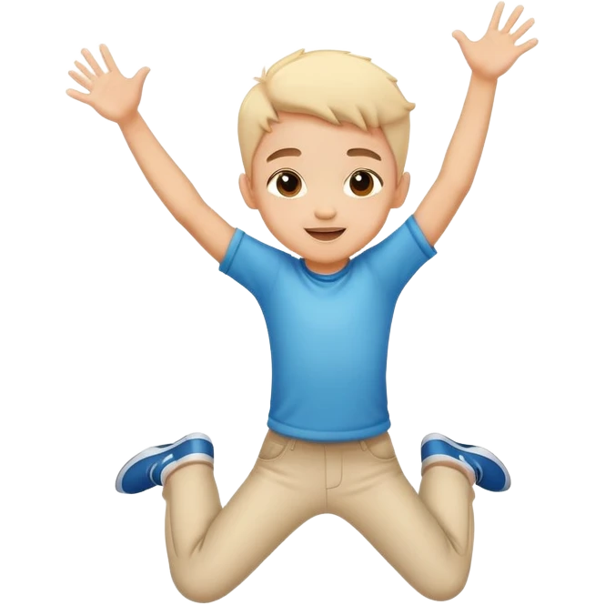 child jumping with arms up, cheerful and energetic, motion lines to show action emoji