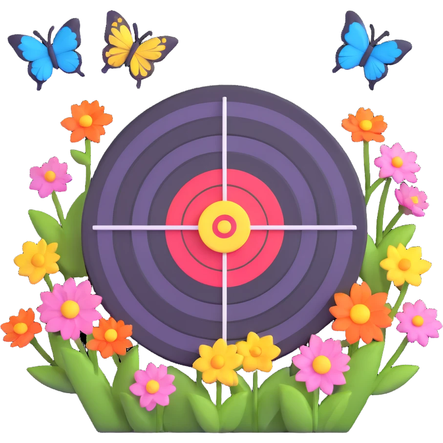 A target bullseye with butterflies and spring blossoms emoji