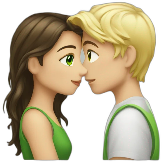 Blond boy Green  eye kissing brunette girl Green eye emoji