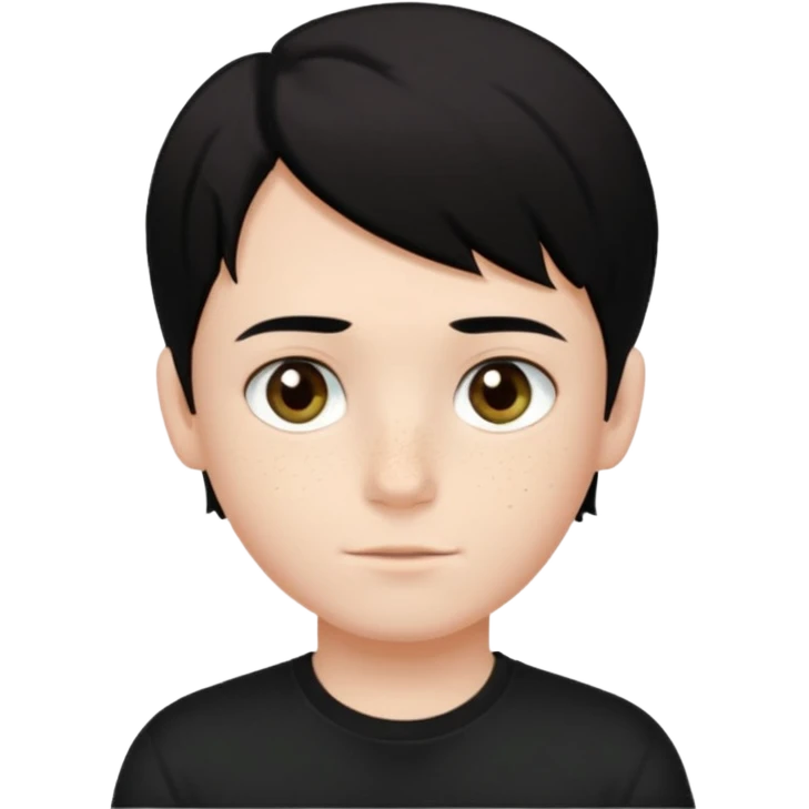 A beautiful boy with black hair and hazel green and brown eyes and white skin , with dark freckles and black t shirt with middle part hair hair with a center part haircut  emoji