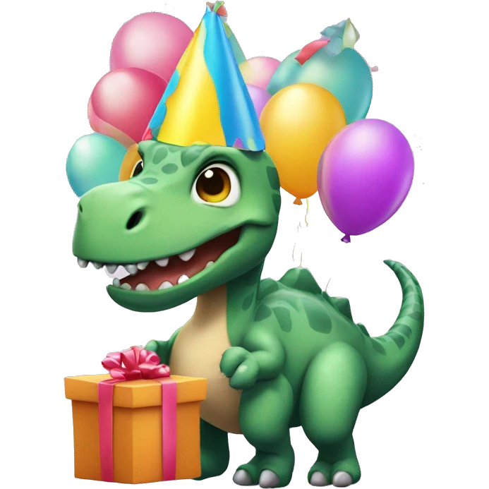 Dinosaur with a birthday hat and a presents and a baloons emoji