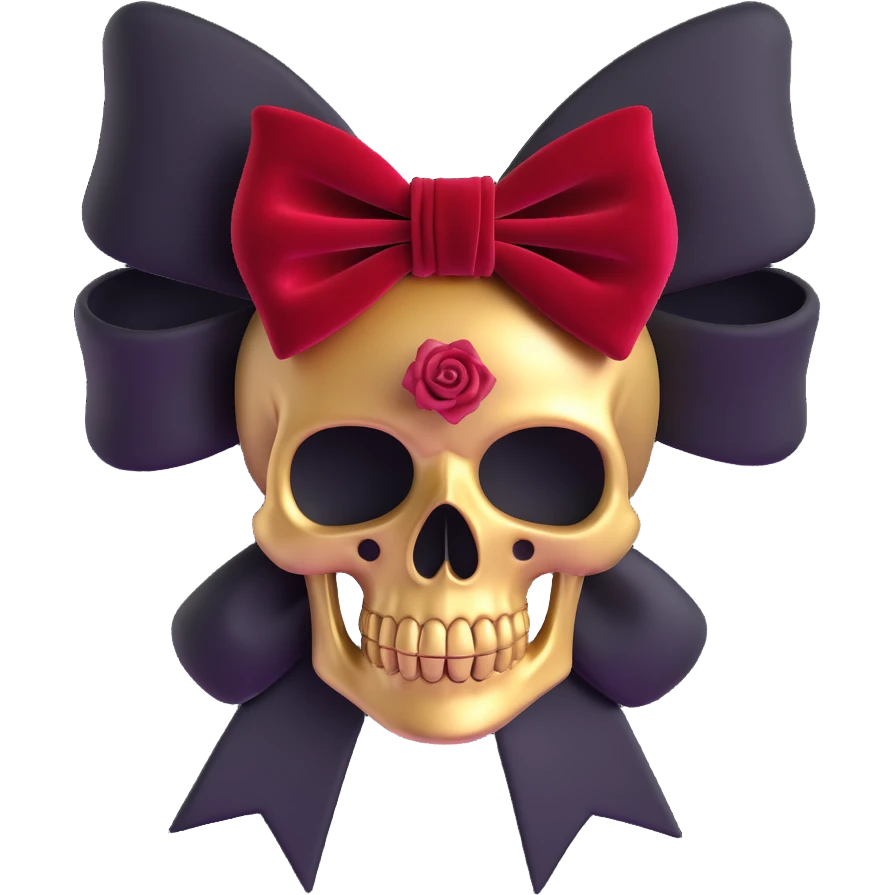 gothic bow with crimson velvet, gold skull charm, deep red rose center, dramatic and gothic style emoji