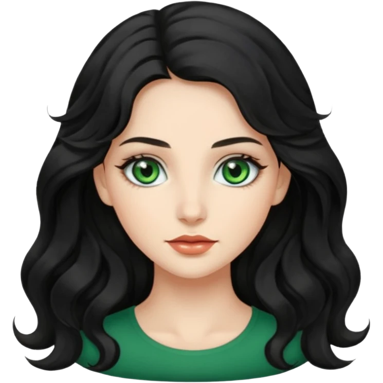 Caucasian girl with long, wavy black hair, green eyes, and pretty makeup. emoji