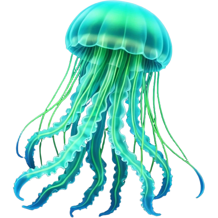 3D render of Jellyfish, bioluminescent deep sea style, glowing neon blue and green lights, dark background to contrast the glow, translucent organic textures. emoji