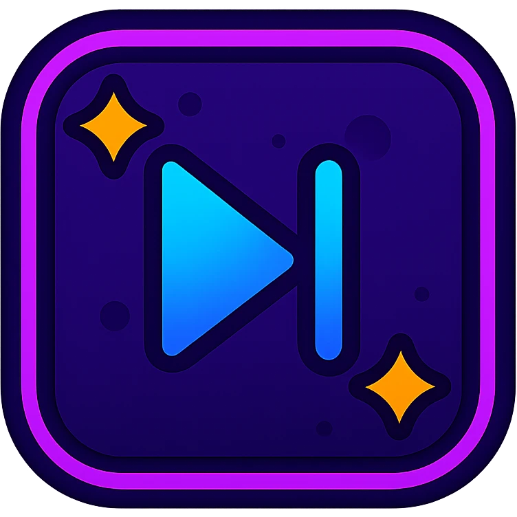 next song icon with dark purple, blue, and black base, bright accents, complex gradients, stars, bright neon border, modern clean next song symbol, glow and lighting effects, sophisticated futuristic icon style emoji