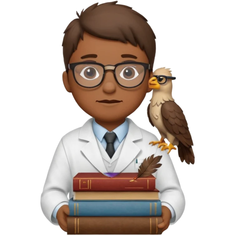 Wise grif with glasses, wearing a lab coat, perched on a stack of books. emoji