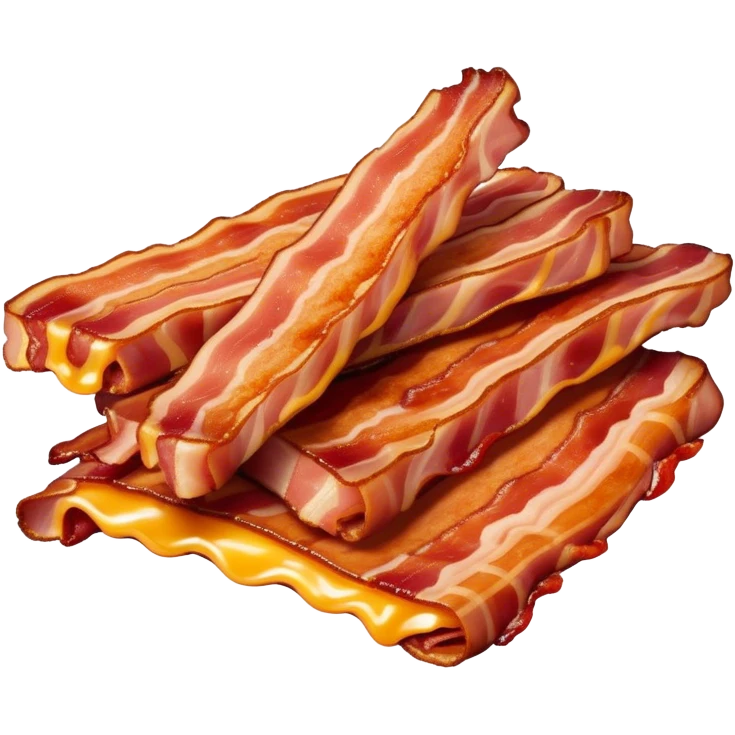 Cinematic crispy sizzling bacon, slightly curled, golden-brown with a perfect crunch, glistening with rich flavor, deep warm tones, served on a breakfast plate, comforting and indulgent. emoji