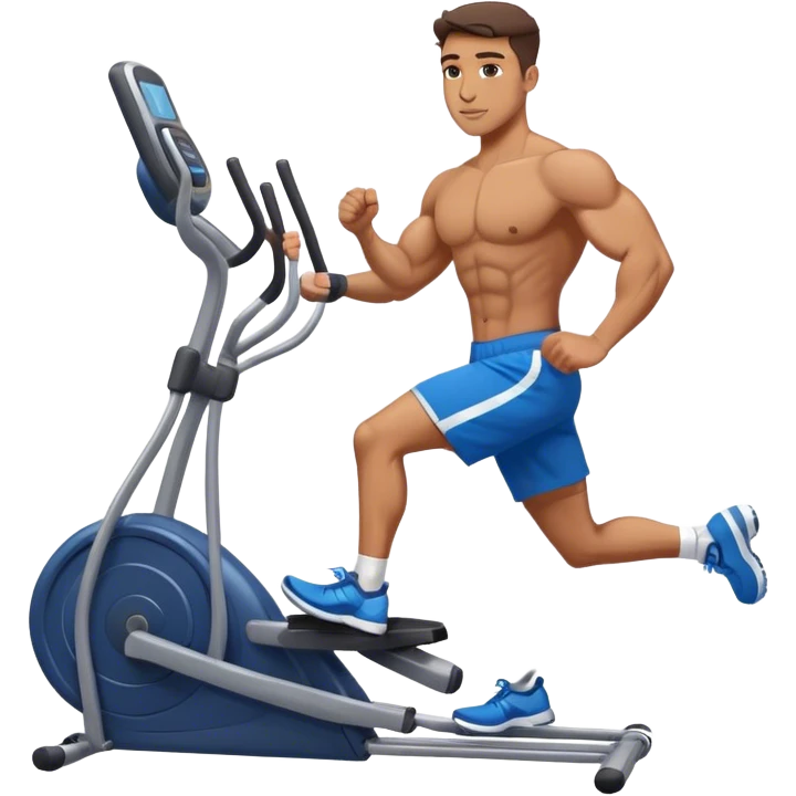 buff guy in blue shorts using elliptical emoji