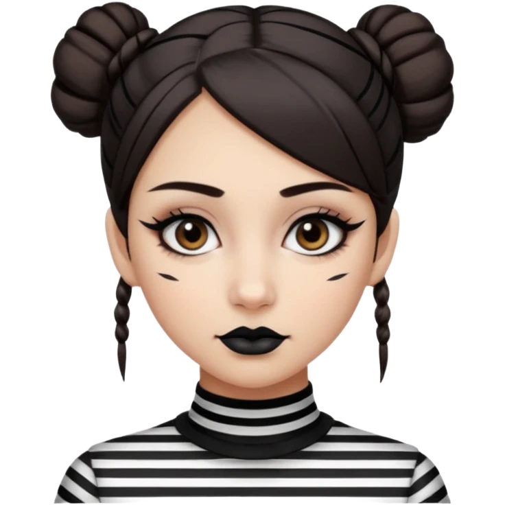 generate a pretty fair bratz girl with dark brown eyes. Dark brown hair straight hair with coloured highlights tied into buns.  eyeliner. black lipstick. Wearing a white and black striped top emoji