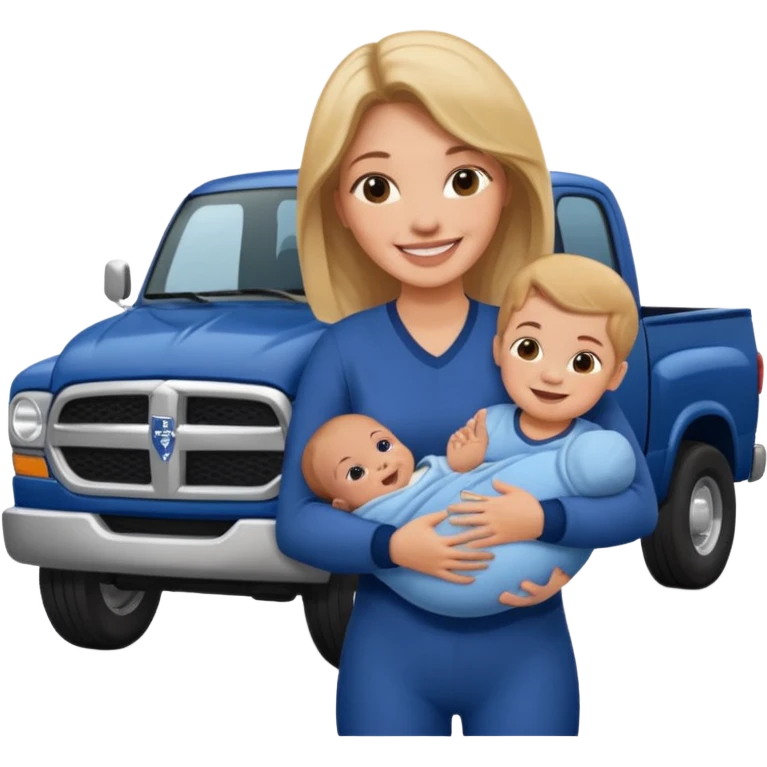 Lady with newborn baby and her tall dark blue dodge truck emoji