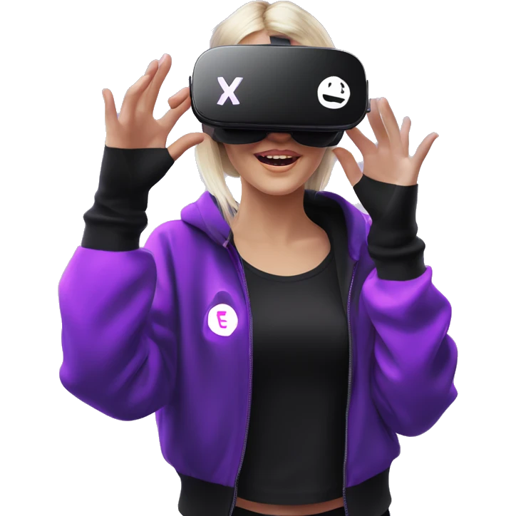 Russian girl wearing black hoody with violet letters "OMG", in vr headset oculus quest2. Dancing. Cyberpunk style. Violet neon. emoji