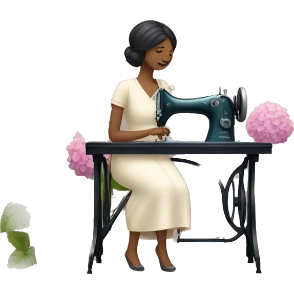 a lady  sitting at a sewing machine surrounded by hydrangea flowers emoji