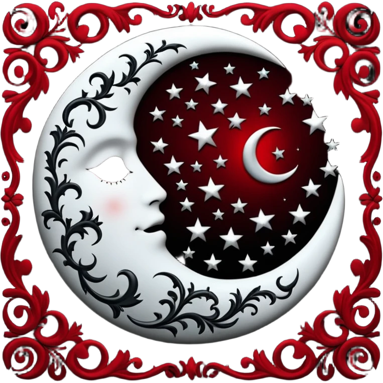 Gothic edgy emo black and white and red and silvery starry damask moon emoji
