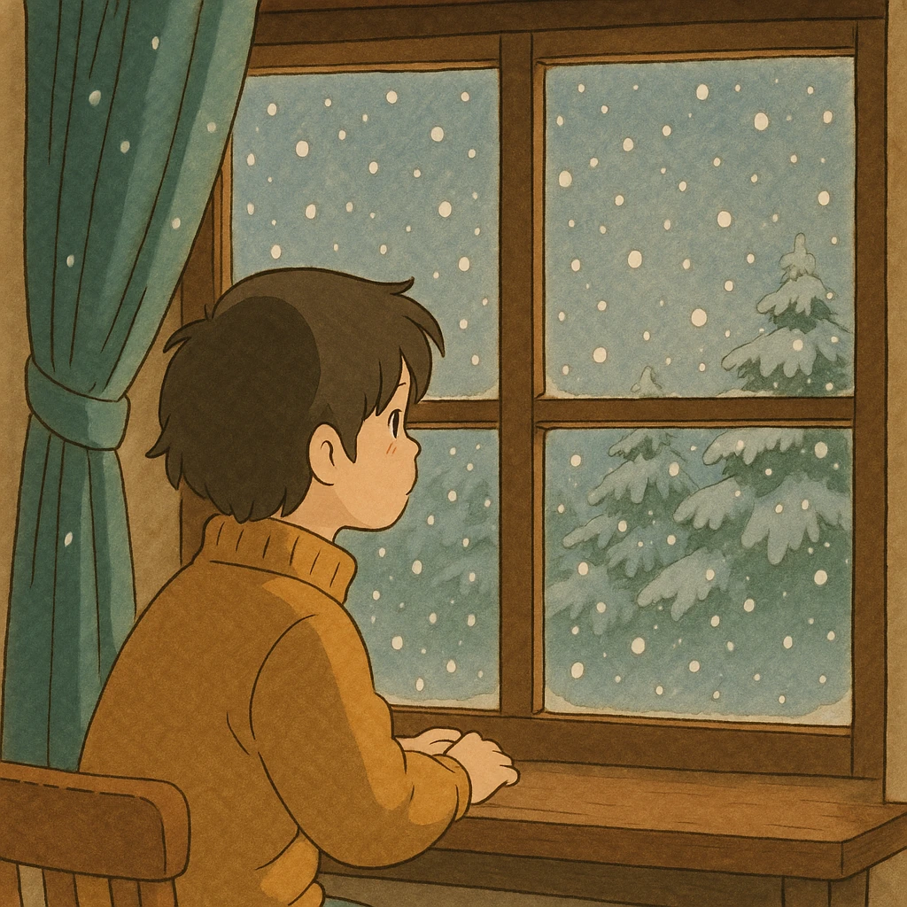 ghibli style illustration of someone watching snow fall through a window emoji