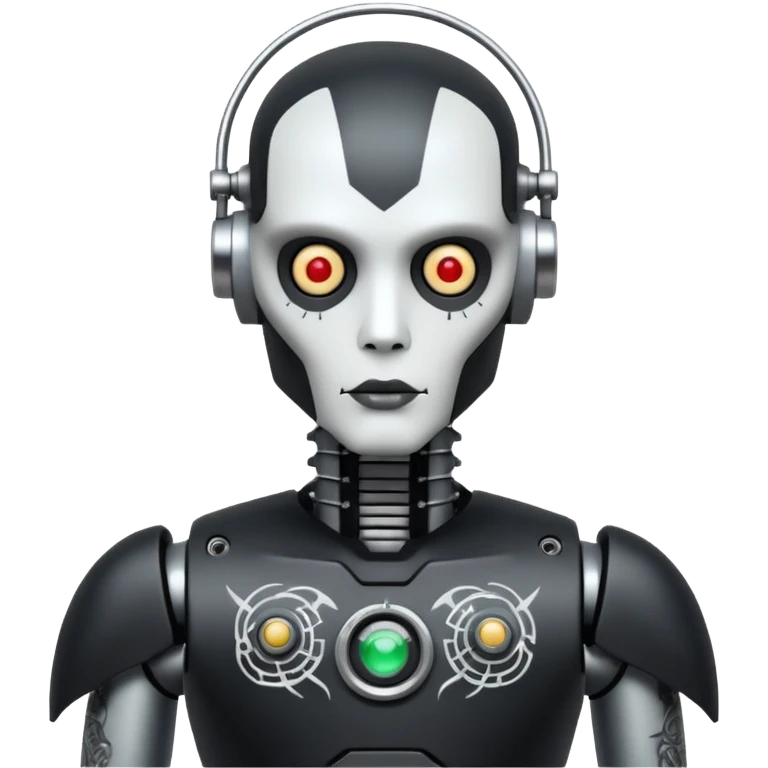 black metal Tatooed robot with radar, big many tatooes on chest, neck and face, white tatoo on face emoji